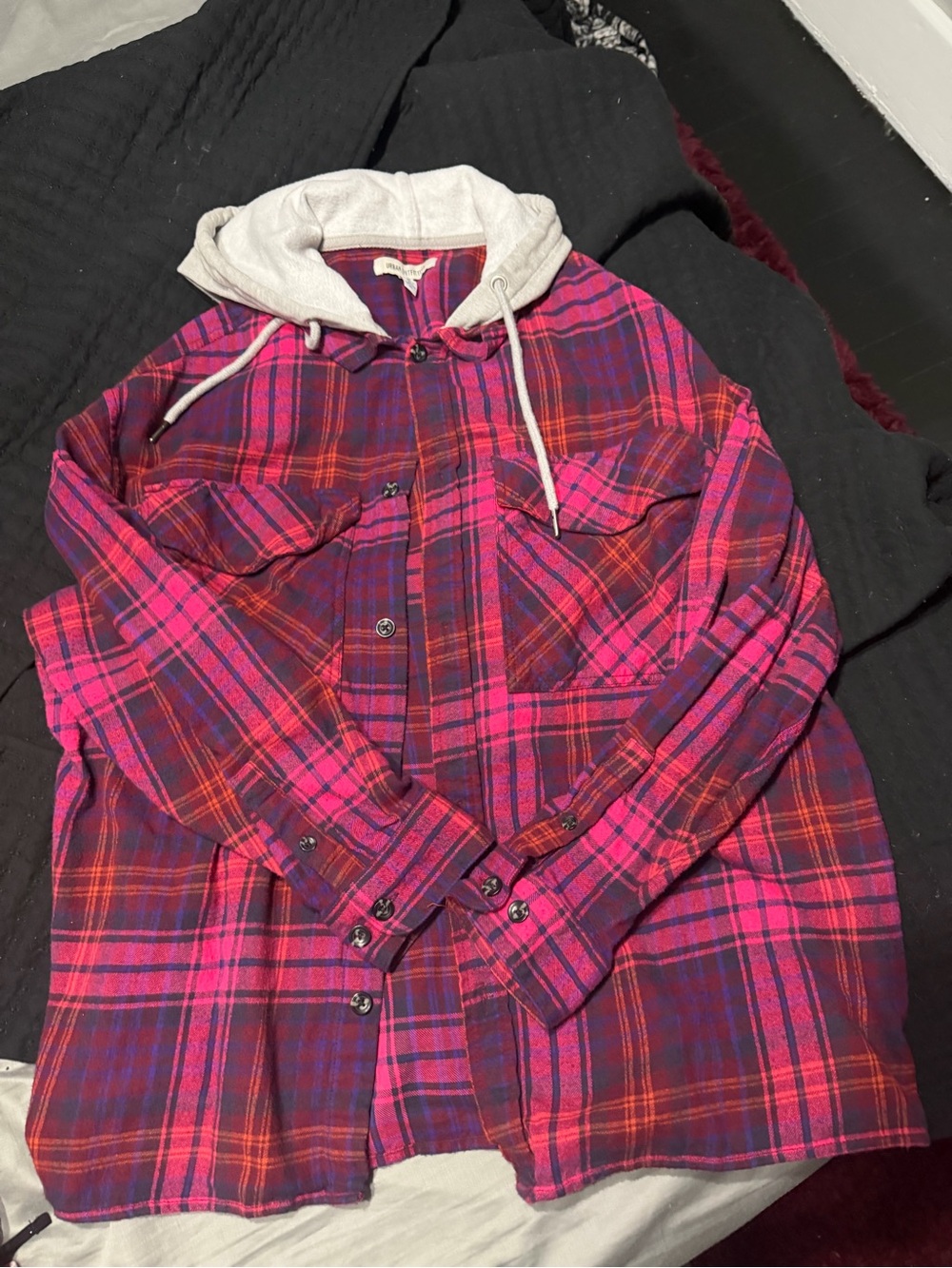 Urban Outfitters Pink & Purple Plaid Button-Down Shirt with Hood